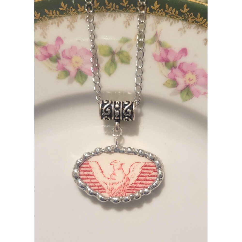 Broken China Red Transferware Eagle Broken Soldered Pendant Necklace
